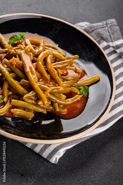 Obraz Green beans tomato sauce fresh delicious gourmet food background on the table rustic food top view copy space keto and paleo diet vegetarian and vegan food