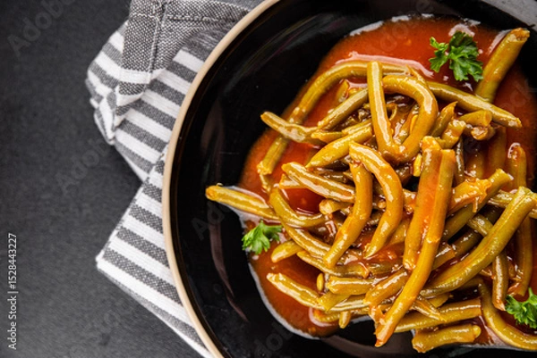 Obraz Green beans tomato sauce fresh delicious gourmet food background on the table rustic food top view copy space keto and paleo diet vegetarian and vegan food