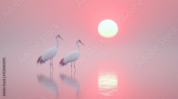 Fototapeta Serene Dawn with Two Cranes Against a Red Rising Sun on Horizon