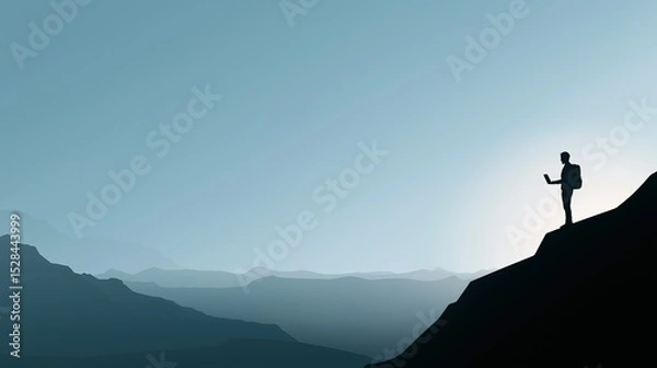 Fototapeta Traveler working remotely on a mountain peak — a minimalist blend of focus, freedom, and nature