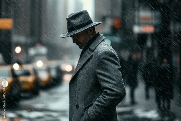 Fototapeta A man in a grey coat and hat stands under rain on a bustling city street in a vibrant urban setting