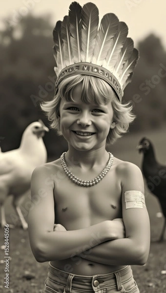 Obraz Young child smiling confidently in a rural setting, featuring a feathered headpiece and chickens in the background, creating a cheerful and rustic atmosphere
