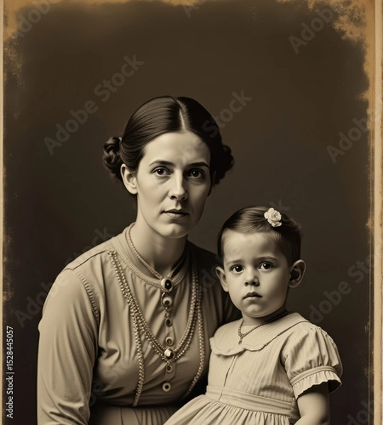 Obraz Vintage-style studio portrait of a mother and daughter wearing matching outfits, showcasing an elegant and classical representation of familial bond and timeless fashion