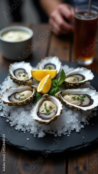 Obraz A beautifully styled platter of fresh oysters on ice, garnished with fresh herbs and lemon wedges. Perfect as a delicacy or for fine dining presentations, emphasizing elegance and freshness