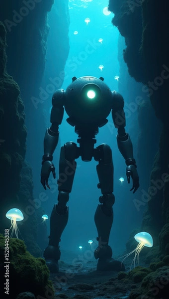 Obraz A fascinating scene of a futuristic robot walking underwater, conveying science fiction themes and the mysteries of ocean exploration