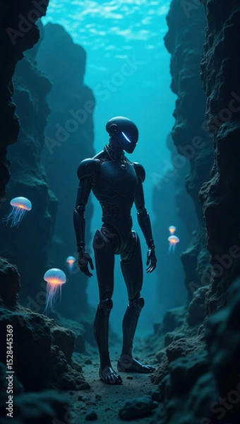 Obraz A fascinating scene of a futuristic robot walking underwater amidst glowing blue jellyfish, conveying science fiction themes and the mysteries of ocean exploration