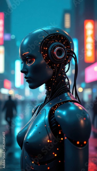Obraz A sleek robotic figure stands poised in a cyberpunk urban city, illuminated by neon lights. Capturing an essence of technology, artificial intelligence, and futuristic concepts in a modern metropolis