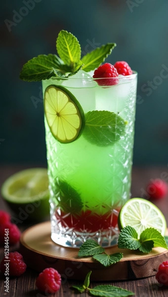 Obraz A vivid green lime and mint cocktail garnished with fresh raspberries and served on a rustic wooden surface creates a refreshing and vibrant drink