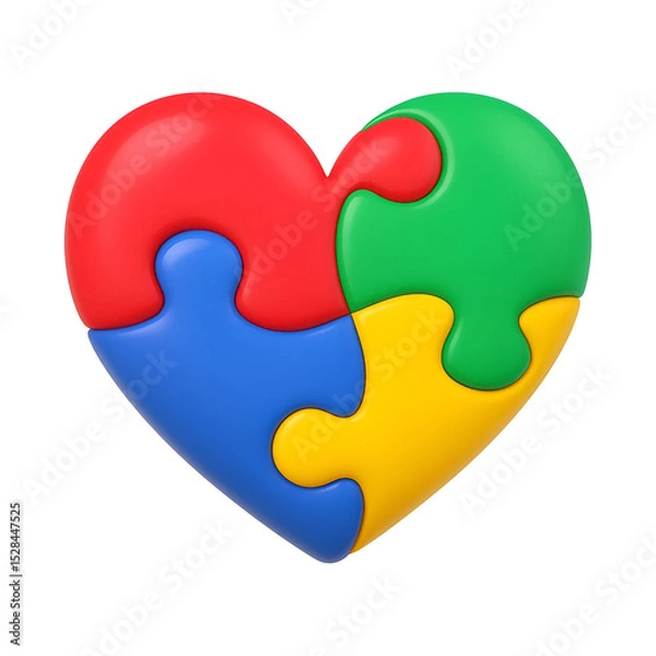 Fototapeta Autism Puzzle Heart PNG – 3D Colorful Jigsaw Heart Symbol for Inclusion, Support and Love – Transparent Background
