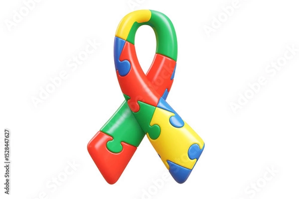 Fototapeta Autism Awareness Ribbon PNG – 3D Puzzle Piece Ribbon Symbol for Inclusion and Neurodiversity – Transparent Background
