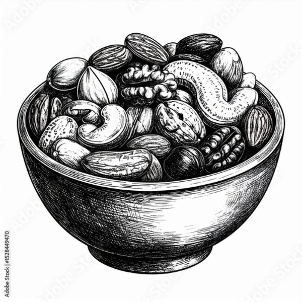 Obraz Black And White Illustration Of Mixed Nuts In Wooden Bowl
