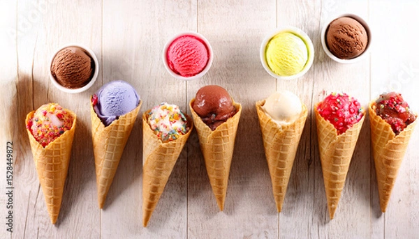 Obraz various kinds of ice cream cons on table