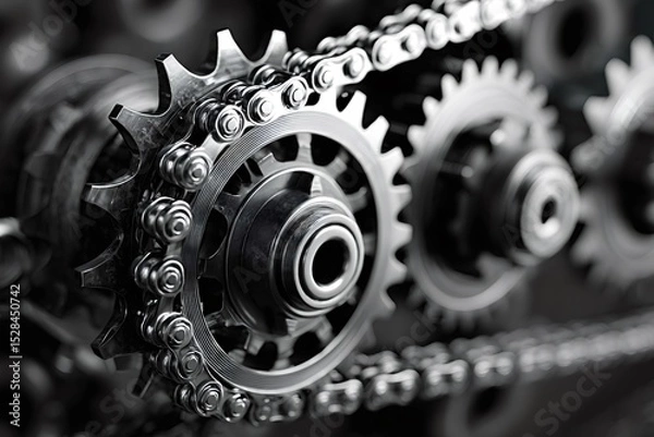 Obraz Close-up view capturing rotating gears and chain, revealing the intricate workings of an industrial mechanism, highlighting precision and power in motion within a complex system