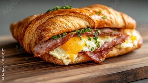Fototapeta An appetizing croissant filled with bacon and egg topped with chives, showcasing mouthwatering breakfast flavors in a beautifully styled and photogenic manner.