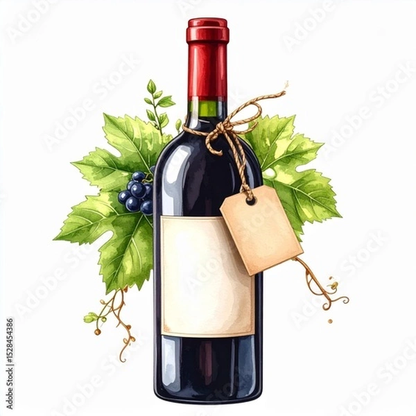 Obraz Watercolor Red Wine Bottle with Grapes and Leaves