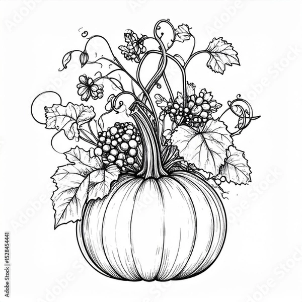 Obraz Black And White Pumpkin With Blackberry Vines Illustration