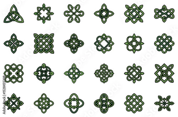 Fototapeta Celtic knot icon set in green line style with circular and geometric patterns. 24 vector elements. Concept: Irish heritage design, spiritual branding, traditional culture visuals, St. Patrick’s Day 