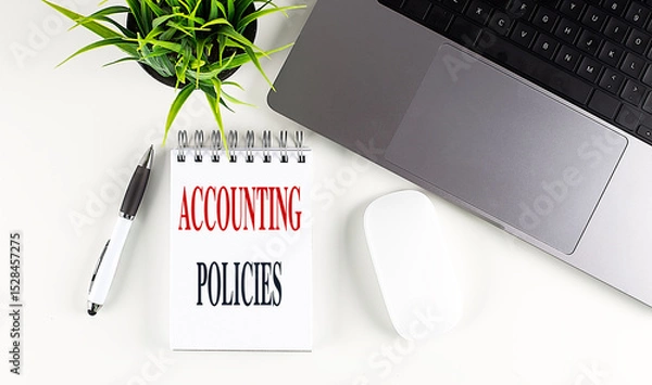 Fototapeta Accounting policies text written in notebook on white office desk with laptop, pen and potted plant