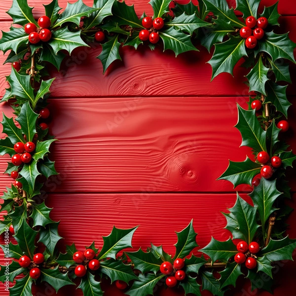 Fototapeta AI generated images of Christmas holly berries, on a wooden background