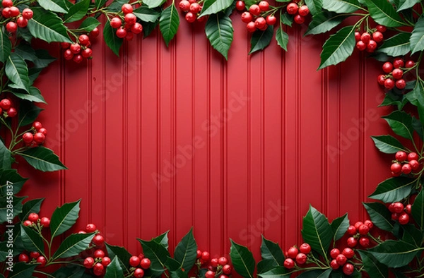 Fototapeta AI generated images of Christmas holly berries, on a wooden background