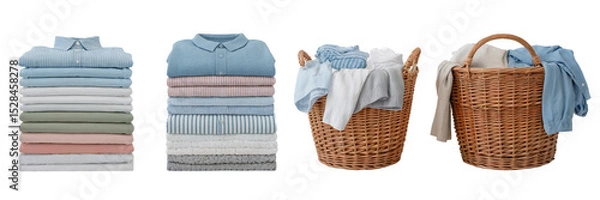 Fototapeta Neatly stacked folded clothes laundry basket pastel colors home soft blue on transparent background