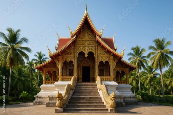 Fototapeta Ornate Golden Temple Surrounded By Lush Palm Trees Under Clear Blue Sky In Tropical Setting