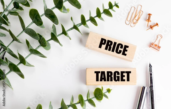 Fototapeta Price target text on wooden blocks with pens, eucalyptus and stationery on white background