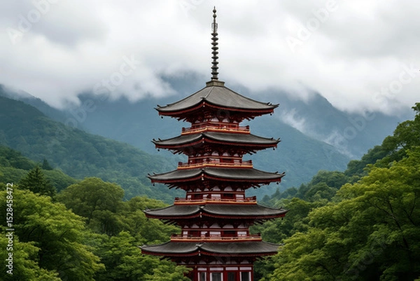 Fototapeta Traditional Pagoda Surrounded By Lush Forest With Misty Mountain Peaks In Tranquil Scenic Setting