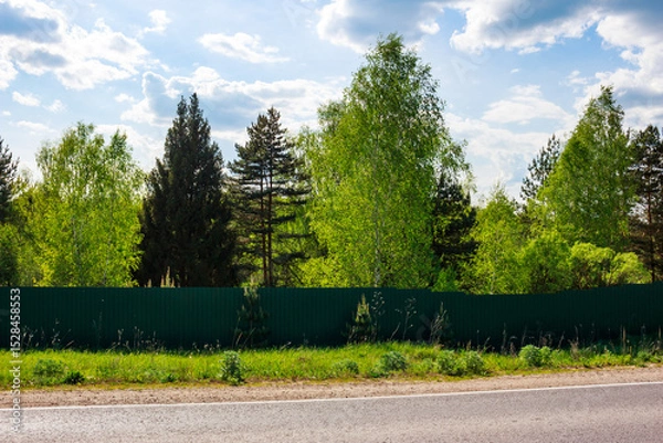 Fototapeta Solid fence closing the passage to the forest