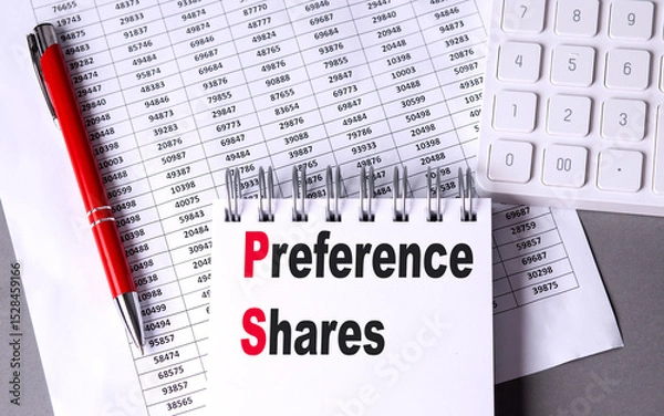 Obraz Preference shares text on notepad with financial spreadsheets, red pen and calculator on desk