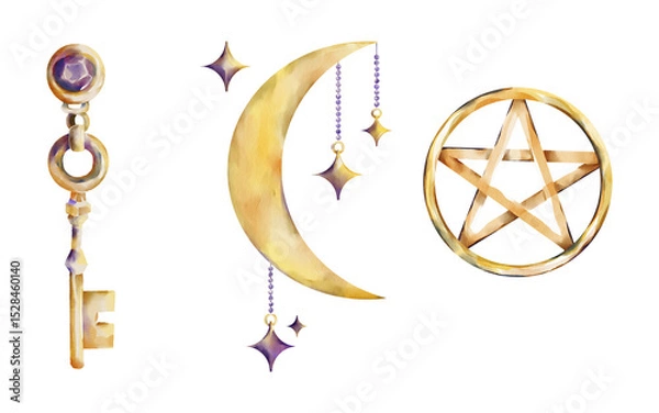 Fototapeta Mystical watercolor set with a golden vintage key, crescent moon with hanging stars, and a pentagram in a circle. Great for magic themes, witchcraft, and spiritual design on white background.