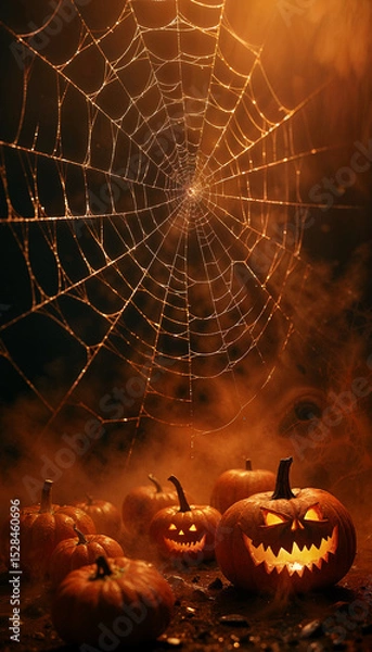 Fototapeta AI generated image of orange smoke and spiderwebs and evil pumpkin faces. Halloween background