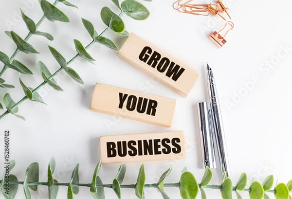 Fototapeta Grow your business text on wooden blocks with pens, eucalyptus and office clips on white background
