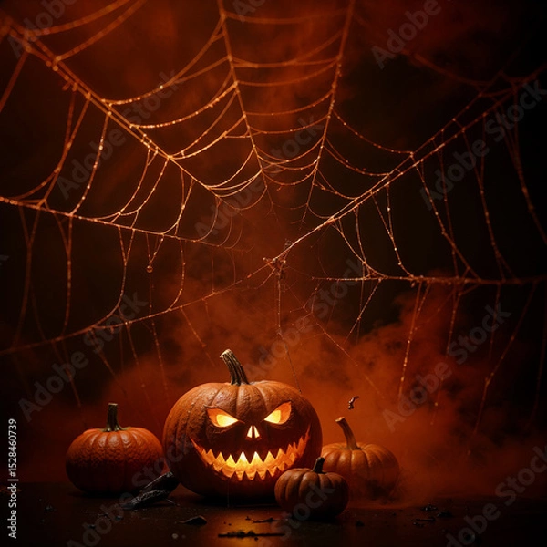 Fototapeta AI generated image of orange smoke and spiderwebs and evil pumpkin faces. Halloween background