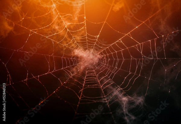 Fototapeta AI generated image of orange smoke and spiderwebs. Halloween background
