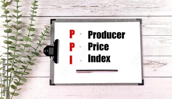 Fototapeta PPI producer price index abbreviation on clipboard with pen and eucalyptus on white wooden background