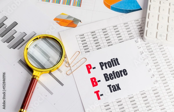 Fototapeta PBT profit before tax abbreviation on paper with charts, magnifying glass and calculator