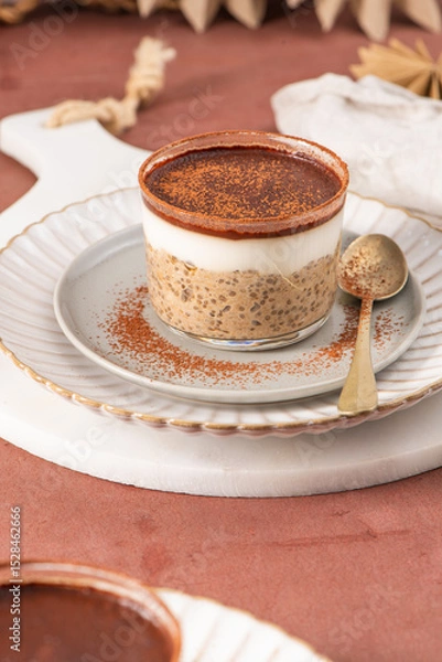 Obraz Tiramisu chia pudding in a glass cup on a white plate with a spoon, garnished with cocoa powder, set on a brown surface with a sieve and cocoa powder in the background