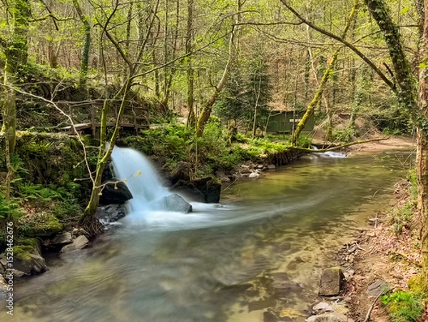 Obraz A scenic view of Bugio River's natural waterfall cascading amidst lush greenery and trees, with a small stone structure nearby in Jugueiros, Felgueiras, Portugal