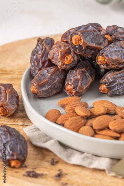 Obraz Medjool dates and almonds on a plate, showcasing a healthy snack option with rich textures and natural colors, perfect for nutritious eating and culinary inspiration