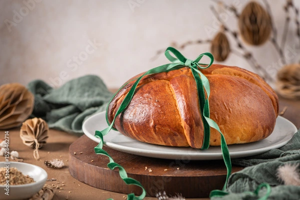 Obraz Portuguese traditional Easter cake Folar without eggs on easter table with a green ribbon and small bowl of fennel seeds