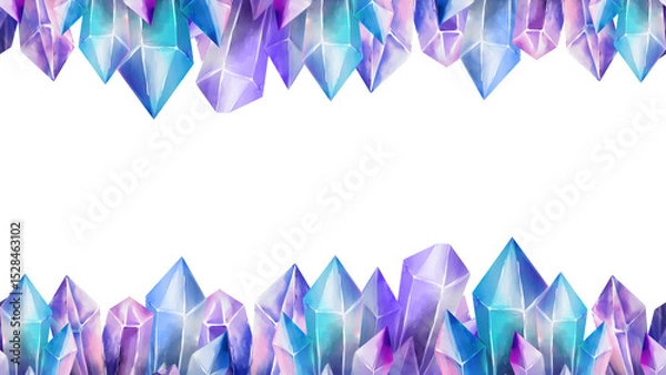 Fototapeta Seamless top and bottom border with vibrant watercolor crystals in blue, purple and pink tones. Ideal for mystical designs, scrapbooking, invitations, packaging and fantasy decorations.