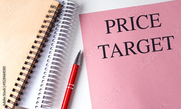 Fototapeta Price target text on pink paper with spiral notebooks and red pen on white background