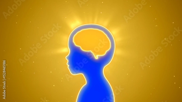 Fototapeta Kid with blank glowing neon brain background, children study idea concept, Intelligence and creativity learning in smart education, Critical thinking process, empty child head for design illustration