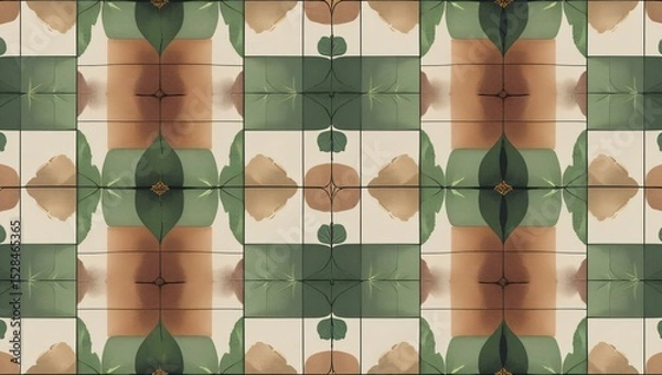 Fototapeta Botanical geometric seamless pattern with earthy tones and symmetrical leaf motifs.