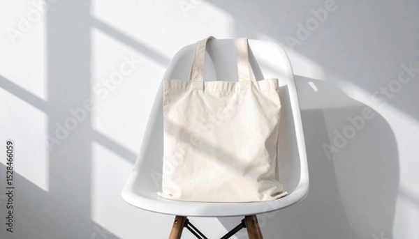 Obraz Off White Tote Bag on a White Chair in Bright Sunlight