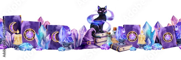 Fototapeta Watercolor fantasy border featuring a mystical black cat, glowing crystals, spell books, candles, and magic potions. Suitable for magical themes, scrapbooking, and decoupage.