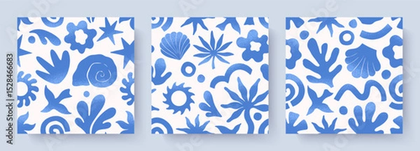 Fototapeta Summer tropical seamless patterns with hand drawn nature organic elements:palm,sun,coral,seashell,bird,wave.Trendy backgrounds for banners,smm,branding,textile,covers,prints.Summer vacation aesthetic