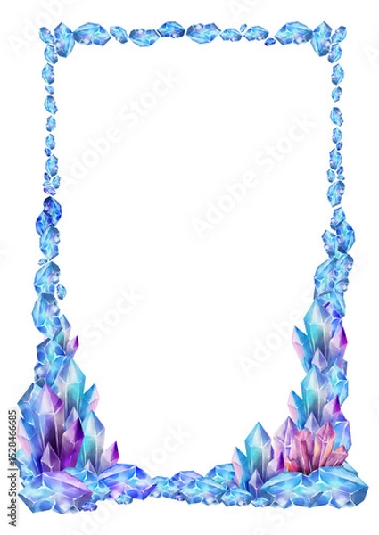 Fototapeta Vertical watercolor frame with glowing blue and violet crystals. Ideal for celebration cards, wedding invitations, or cosmic-themed layouts with gemstone decor.