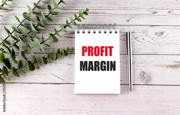 Fototapeta Profit margin text on notepad with pen and eucalyptus leaves on white wooden table background
